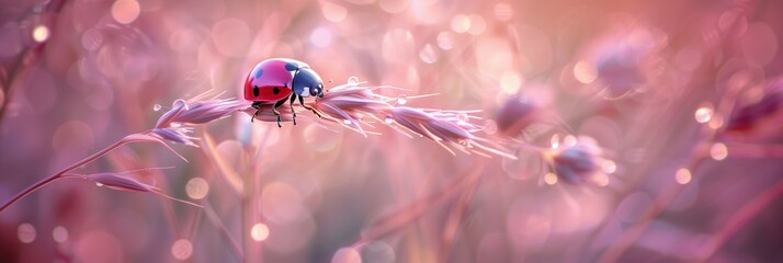 Crimson Dreamscape: A Ladybug's Journey Across Dew-Kissed Blades at Dawn