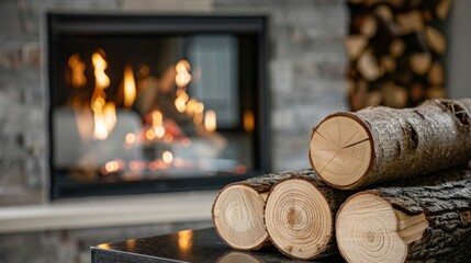 A pile of logs stacked next to a fireplace each one displaying a different wood grain design..
