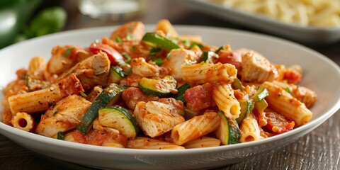 pasta in a tomato sauce with zucchini, bell peppers, and chicken