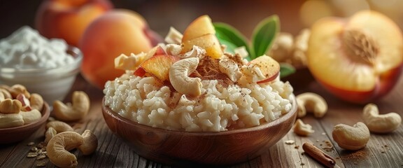 peach rice pudding cooked ripe peaches cut into cubes, cottage cheese, a handful of chopped cashew...