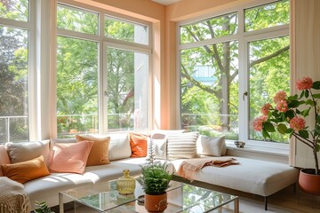 Obraz premium Bright and Airy Peach Modern Apartment with Tree Views