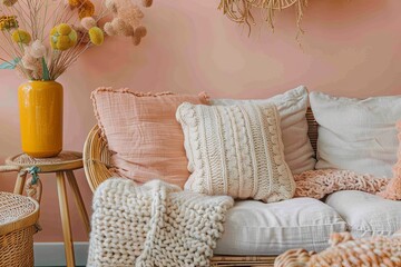 Chic Peach-Toned Interior: Sustainable & Stylish Design with Soft Textures and Eco-Friendly Elements
