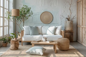 Eco-Chic Lounge: Delicate Pastel Hues & Serene Wooden Features