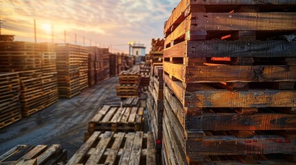 Sunset over a storage yard of wooden pallets in industrial setting