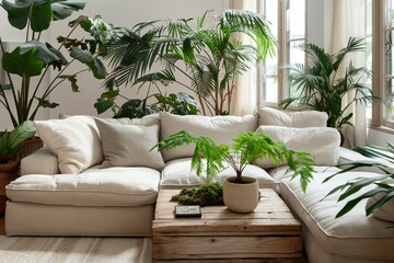 Green Oasis: Contemporary Living Space with Beige Sofa and Lush Potted Plants