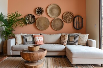 Natural Elements in Peach: Contemporary Living Space with Beige Sofa