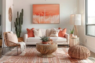 Peachy Contemporary: Inviting Living Space with Natural Decor Elements