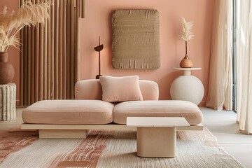 Pastel Peach and Beige Contemporary Lounge: Chic Modern Furniture in an Inviting Setting