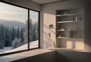 shelf winter 3D window design illustration landscape empty room interior White Scandinavian - obrazy, fototapety, plakaty
