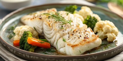 steamed cod served with broccoli, cauliflower, carrot, and a yogurt-dill sauce