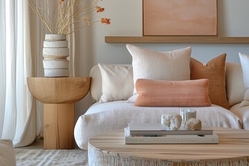 Pastel Peach and Beige Contemporary Lounge with Stylish Wooden Accents