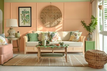 Contemporary Lounge: Peach & Beige Oasis with Eco-Friendly Touches