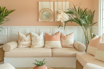 Contemporary Tropical Lounge: Pastel Peach & Beige Color Scheme