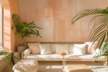 Chic Tropical Pastel Peach and Beige Contemporary Lounge Ambiance
