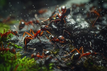 Black ant moving together on the ground
