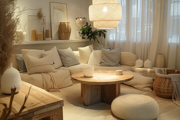 Cozy Living Room: Trendy Eco-Friendly Decor with Round Table and Soft Pastel Lighting