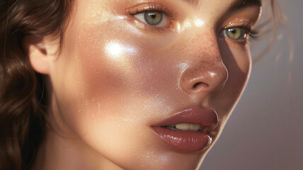 Luminous highlighter delicately applied to the high points of the face, creating a subtle glow that exudes timeless elegance - obrazy, fototapety, plakaty