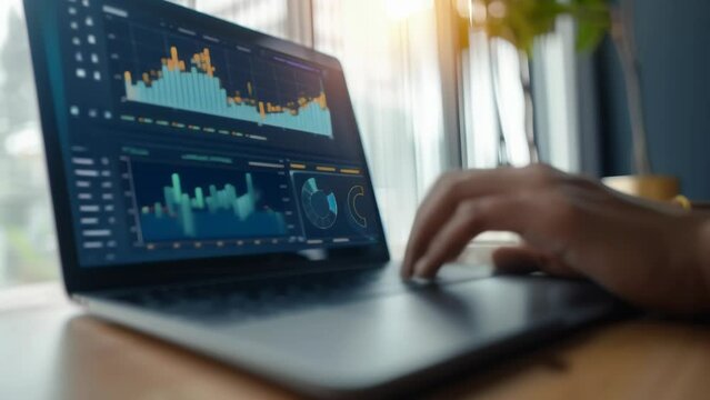 Marketer works on laptop displaying digital ad dashboard and growth chart. Represents leveraging online channels and data-driven strategies to expand reach and engagement.