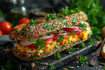 wholemeal bread sandwiches with egg paste, parsley, pumpkin seeds, tomato, and radish - Powered by Adobe