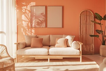 Eco-Friendly Scandinavian Living Space: Peach Accents, Wooden Furniture & Beige Sofa Harmony