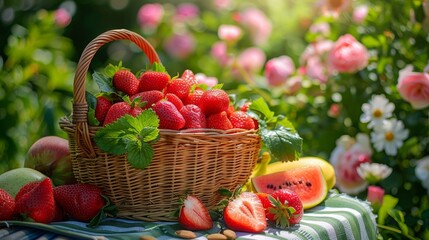 Basket of Strawberries in a Lush Garden Setting