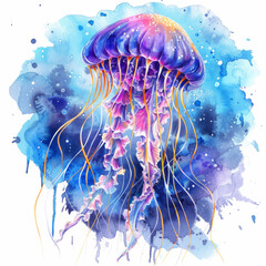 Artistic watercolor painting of a colorful jellyfish, set against a deep blue sea background, splashed with hues of purple and pink.