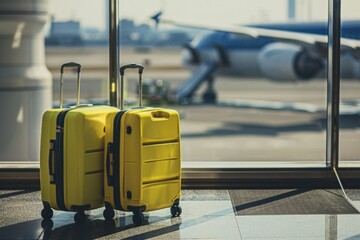 Two suitcases on the airport floor with in an airplane in the background. Generate AI image