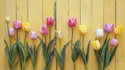 Fototapeta premium Celebrate Mother s Day with a charming display of tulips blooming against a soft pastel yellow wooden backdrop