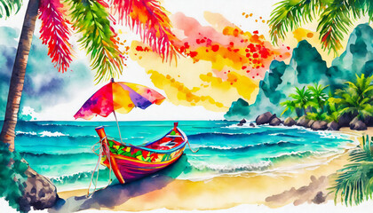 Tropical seascape, palm trees, waves, sea, rocky mountains, sunset, boat, parasol, vacation, watercolor, painting, drawing, painting, illustration