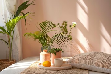 Elegant Tropical Accent Room Decor: Peach & Beige Tones with Natural Vibes