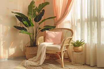 Elegant Tropical Plant Decor in Peach and Beige Tones: A Natural and Cozy Touch