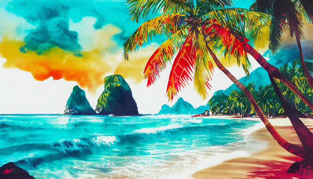 Tropical seascape, palm trees, waves, ocean, rocky mountains, sunset, vacation, watercolor, picture, painting, illustration