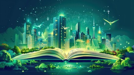 Illustration of an open book with an ecofriendly green city on it, SDGs sustainable development goals theme.