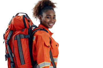 portrait of afro american paramedic female carrying medikit - Powered by Adobe