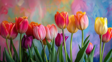 Fototapeta premium A stunning arrangement of tulip flowers adorns a vibrant colorful backdrop