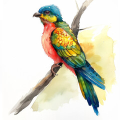 Fototapeta premium Vibrant watercolor illustration of a multicolored bird perched on a branch, with a white backdrop.