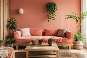 Modern Peach Interior: Gentle Living Room with Wooden Coffee Table and Contemporary Decor