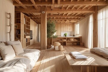 Cozy Eco-Friendly Haven: Inviting Interior with Wooden Accents and Sustainable Decor