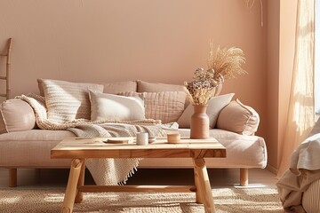 Peach Living Room with Wooden Table and Sofa: Contemporary & Cozy Natural Decor