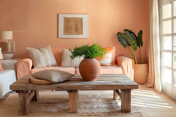 Trendy Peach Living Room with Wooden Coffee Table - Natural Light-Filled Apartment & Terracotta Vase Decor