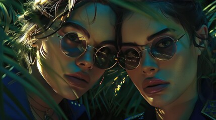 Fototapeta premium Two young women wearing glasses, head portrait photos