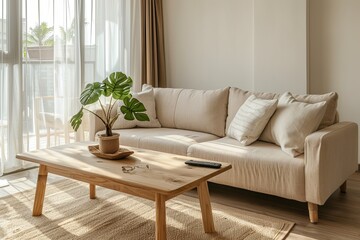 Luminous Eco-Friendly Apartment: Minimalist Living Room with Panoramic Views, Wooden Coffee Table, Beige Sofa, and Stylish Potted Plant