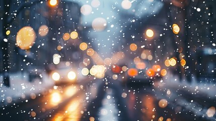 Defocused lights le against a snowy evening horizon illuminating a quiet city street in a dreamy haze of warmth. .
