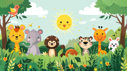Naklejka premium A cheerful cartoon illustration of jungle animals with a smiling sun in a vibrant forest setting.