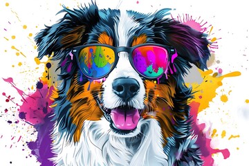 Australian Shepherd dog wearing colorful sunglasses with splash paint