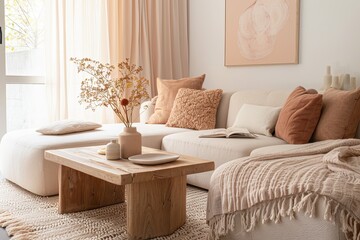 Luxurious Living Space with Peach Decor and Delicate Wooden Accents - Elegant Apartment Design