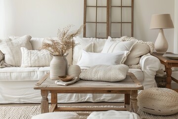 Luxurious Apartment Living: Soft Sofa, Delicate Wooden Coffee Table, Cozy Cushions