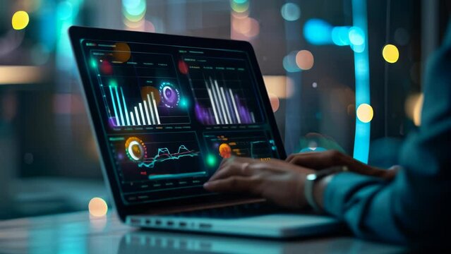 Marketer works on laptop displaying digital ad dashboard and growth chart. Represents leveraging online channels and data-driven strategies to expand reach and engagement.