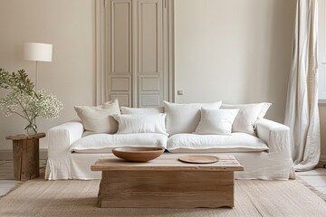 Delicate Wooden Coffee Table & Soft Sofa in Luxurious Pastel Room