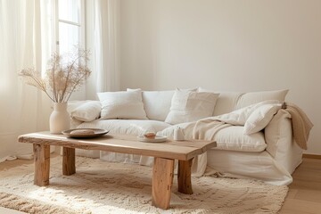 Fototapeta na wymiar Luxurious Living: Soft Sofa & Wooden Table in Pastel Room - Elegant, Serene Ambiance